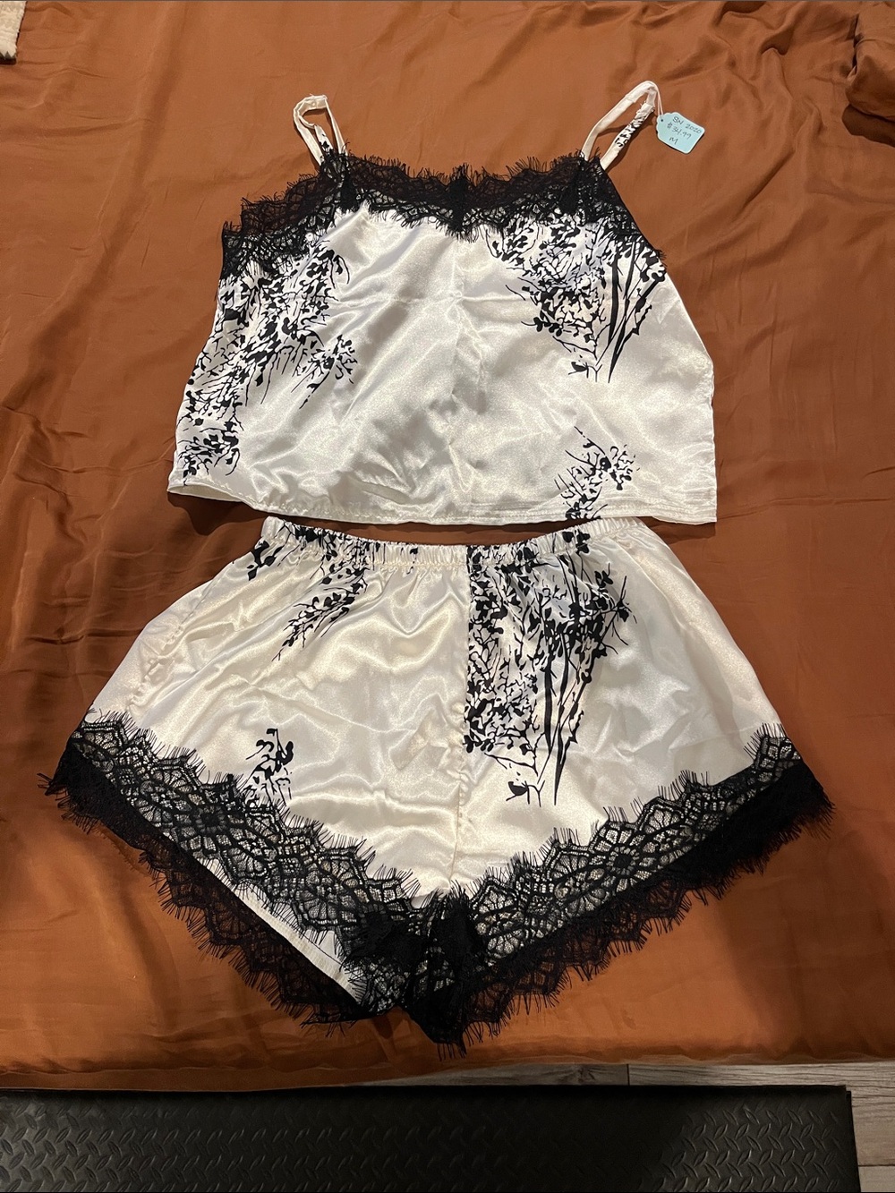 Satin Lace-Trim Cami & Short Sleep Set in Ivory and Black